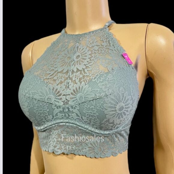 Victoria’s Secret Pink push up padded High Neck lace underwire bralette bra Sage - Picture 2 of 4